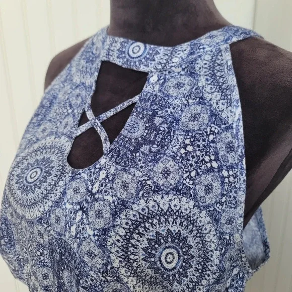 Pink Rose Juniors Ruffle Strappy Romper Pink Blue White Florals Rayon Sz L - Picture 4 of 12